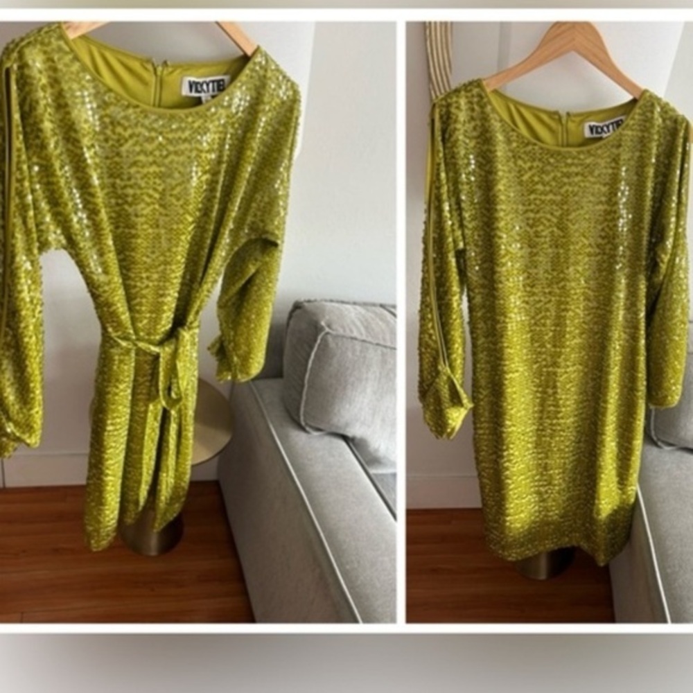 Vicky Tiel Women's Sequin Midi Dress Belted Apple Green Long Sleeve Scoop Neck S